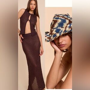 NEW Pretty Little Thing Brown Crochet Maxi Vest Set skirt top Hat Sz Medium